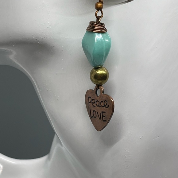 Turquoise boho  peace  & love heart brass charm drop earrings handmade - Picture 5 of 6